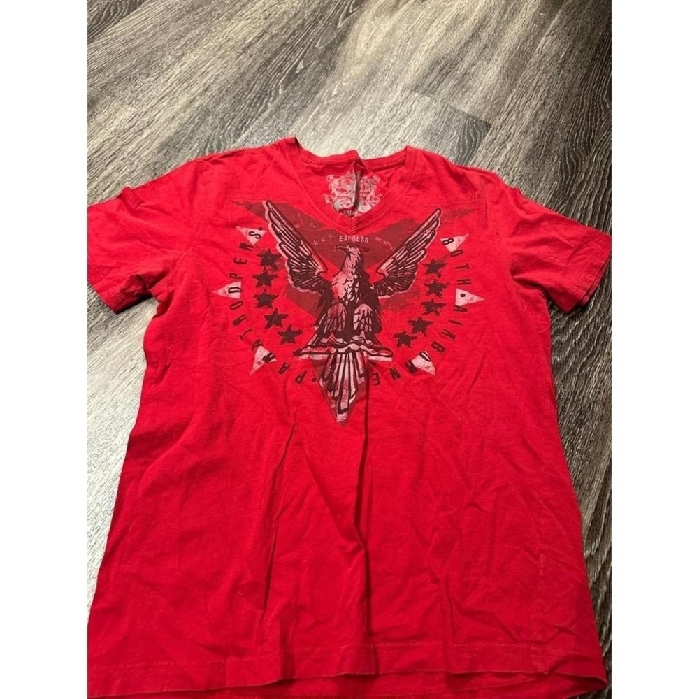 Express Mens Red Graphic V-Neck T-Shirt Eagle Paratroopers 80th Airborne Large